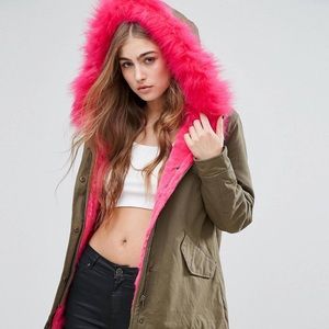 Missguided parka with adorable faux fur PINK